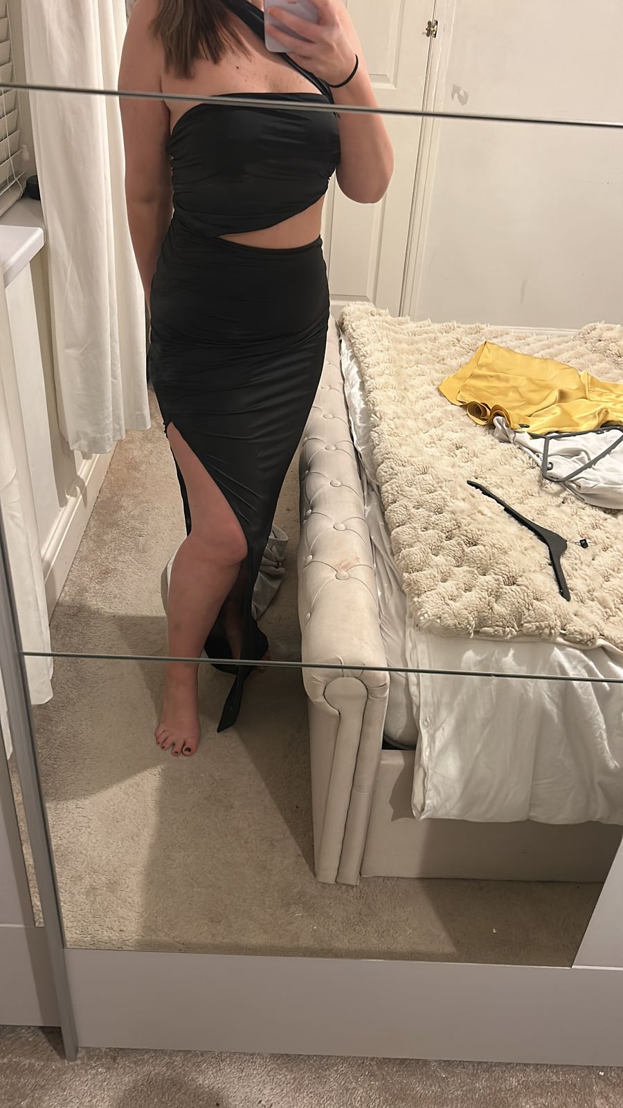 Suvi Asymmetric Neckline Ruched Cut Out Maxi Dress in Black | Oh Polly