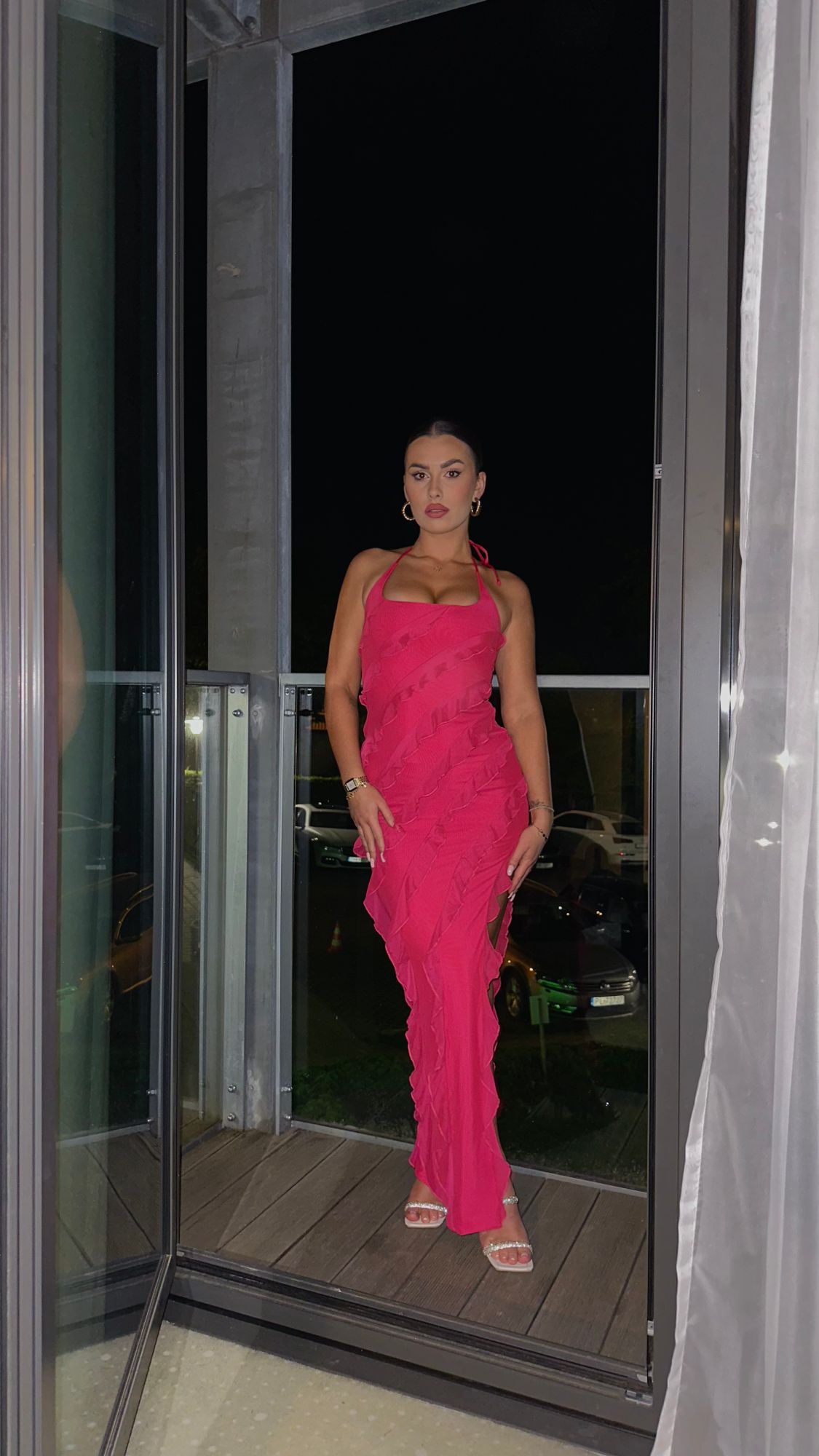 Calico Cross Strap Ruffle Floor Length Dress in Fuchsia | Oh Polly