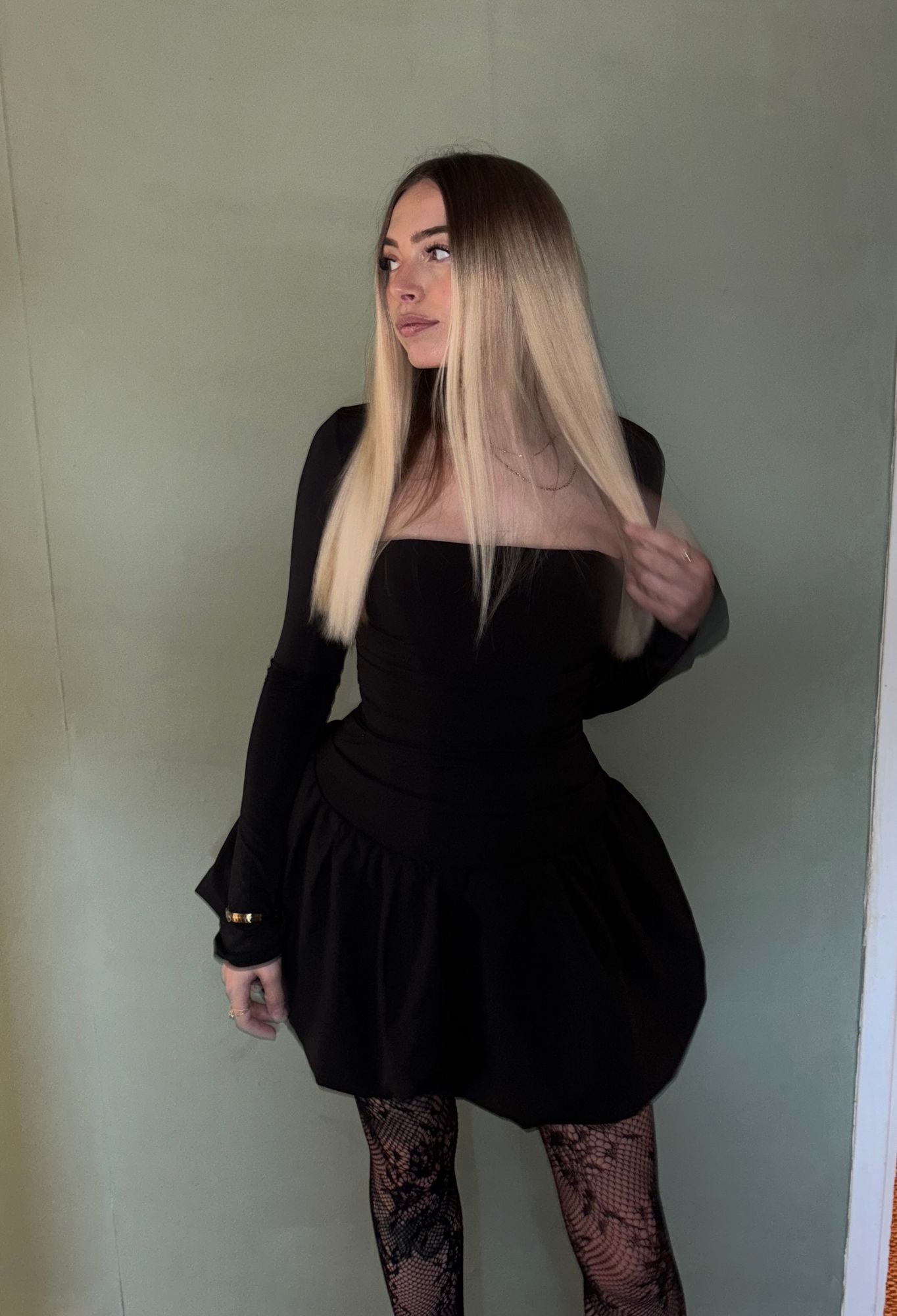 Viola Long-Sleeve Bubble Hem Mini Dress in Black