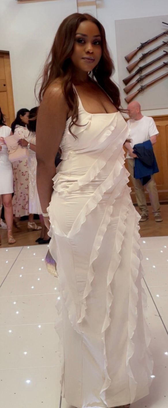 Calico Cross Strap Ruffle Floor Length Dress in Ivory | Oh Polly