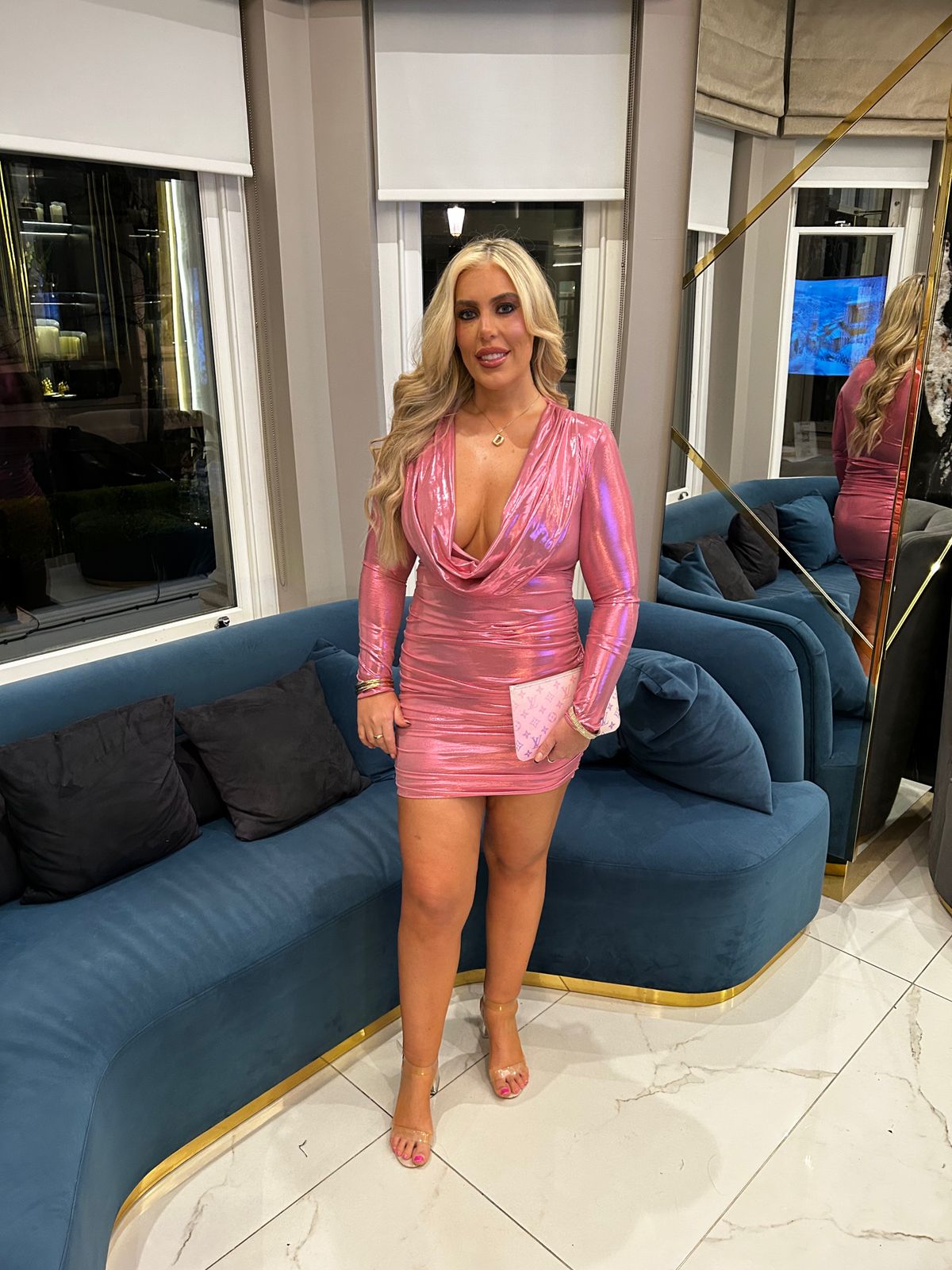 long sleeve metallic jersey mini dress in light gold Donelli Long Sleeve Mini Dress Champagne main image 0