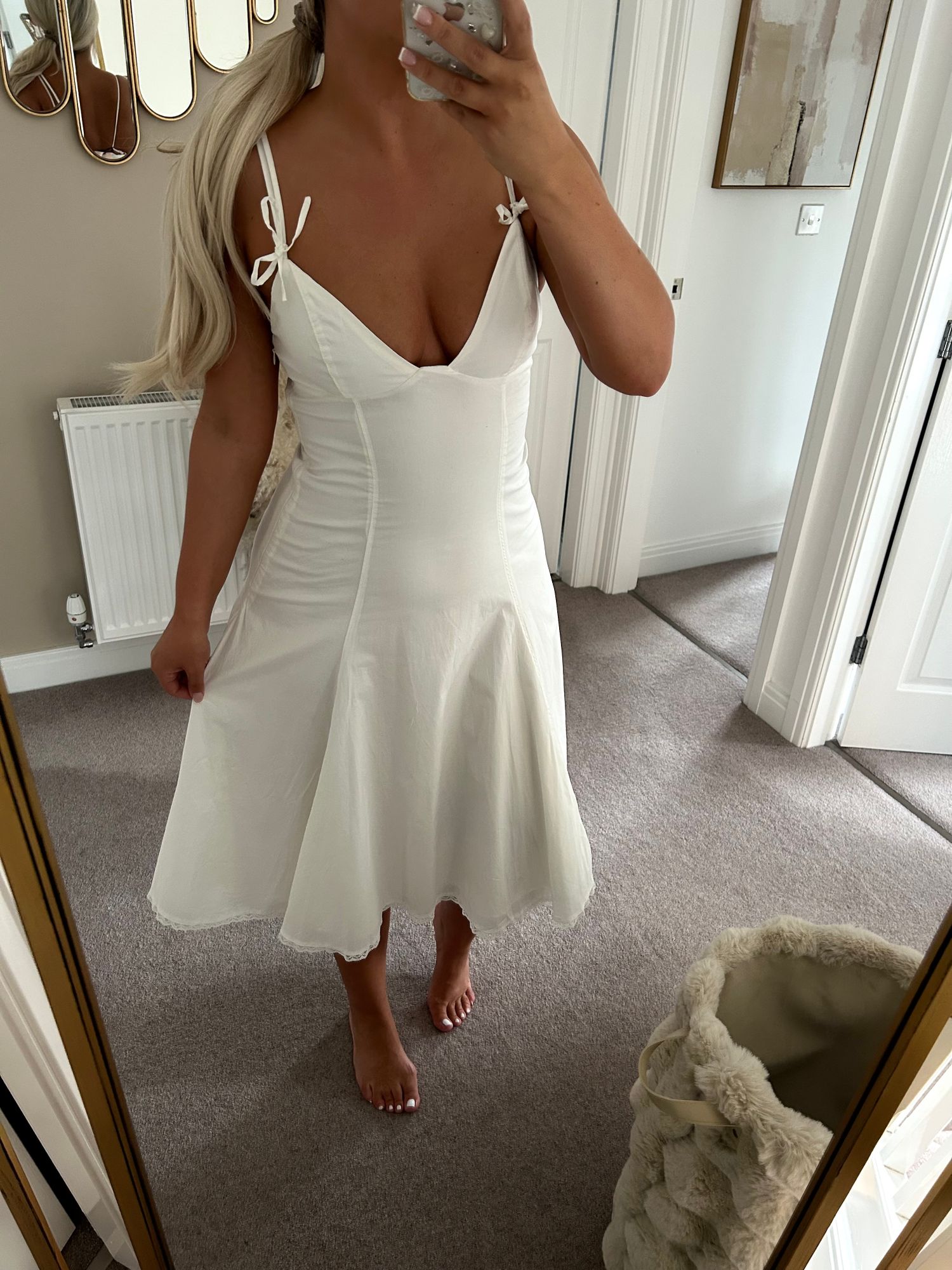 Mallory Bow-Detail Lace-Trim A-Line Midi Dress in White | Oh Polly