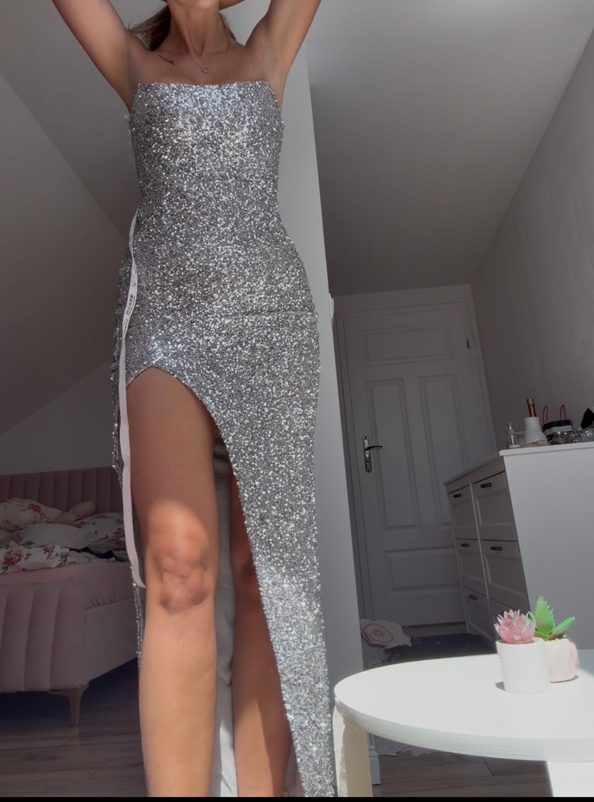 silver oh polly dress Svana V Neck Embellished A-Line Mini Dress in Silver