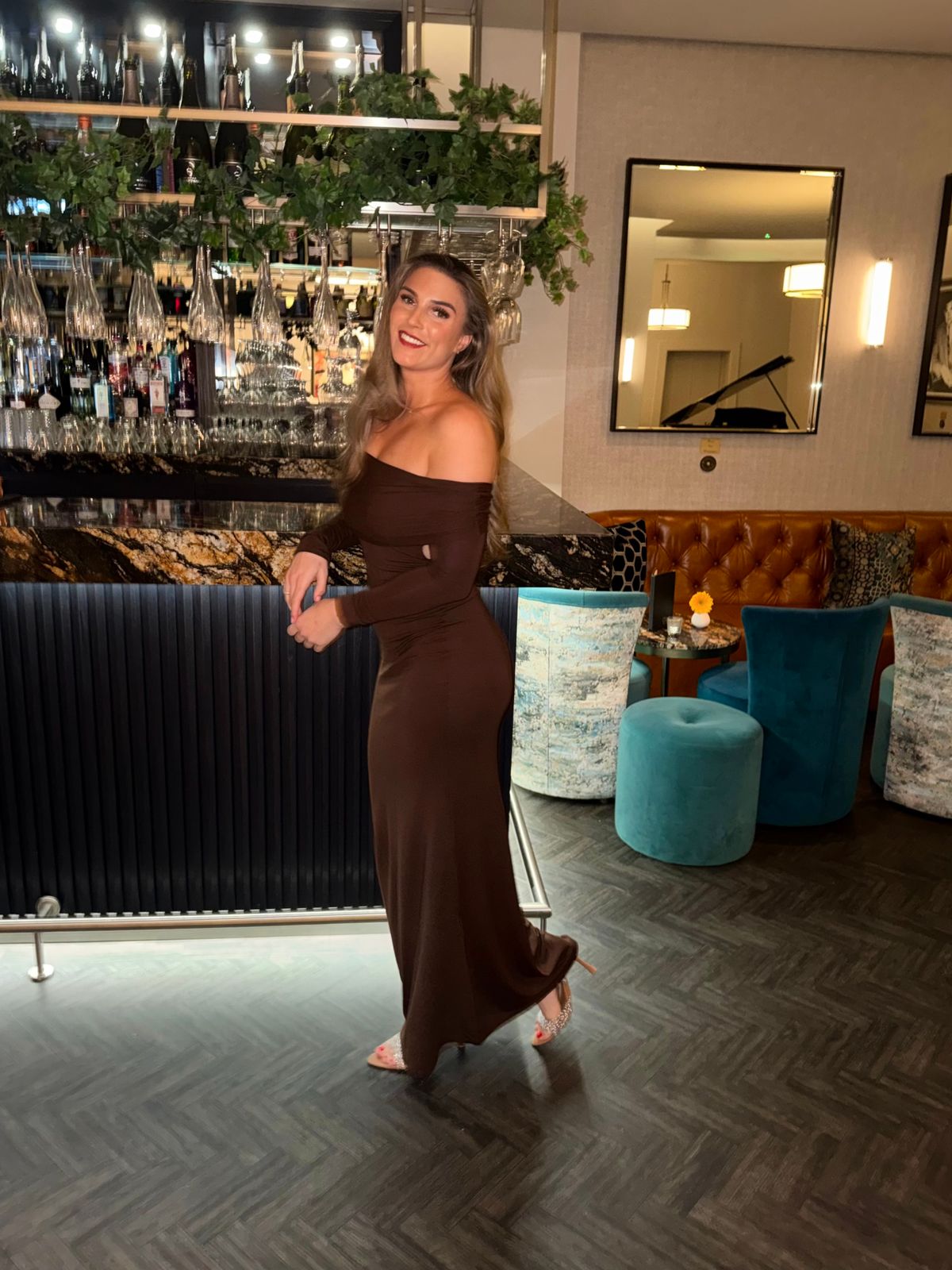 chocolate brown off the shoulder dress Kai main image 0