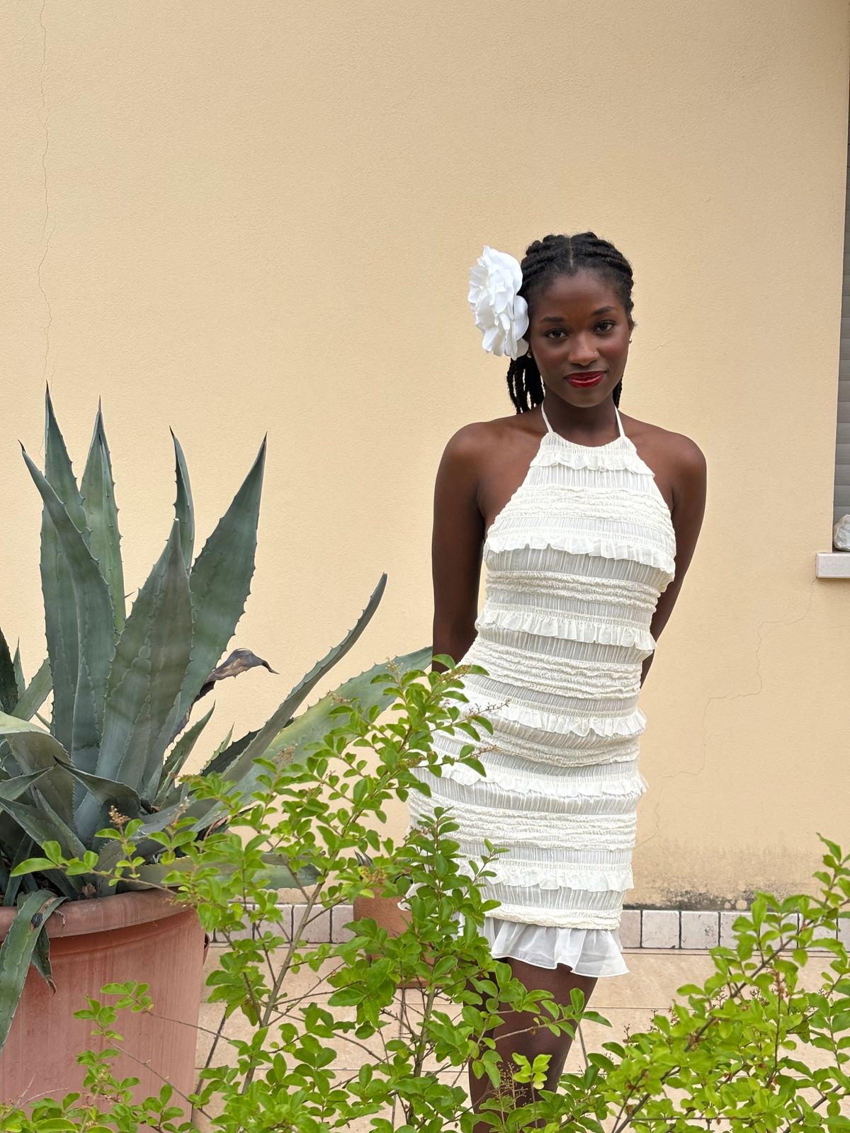 Tarryn Ruffled Backless Halterneck Mini Dress in Ivory | Oh Polly