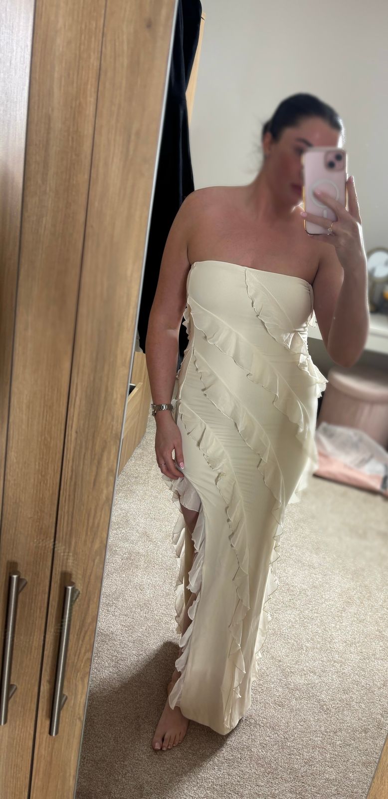 Nevali Bandeau Ruffle Detail Maxi Dress in Dusty Pink | Oh Polly