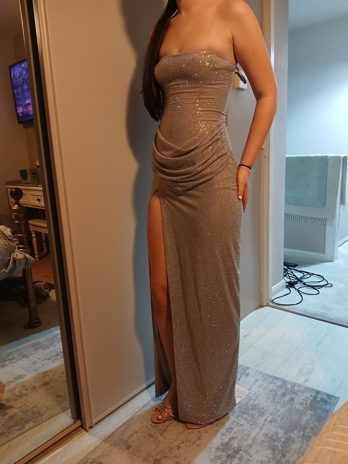 La Rochette Embellished Bandeau Cowl Neck Maxi Dress in Silver | Oh Polly
