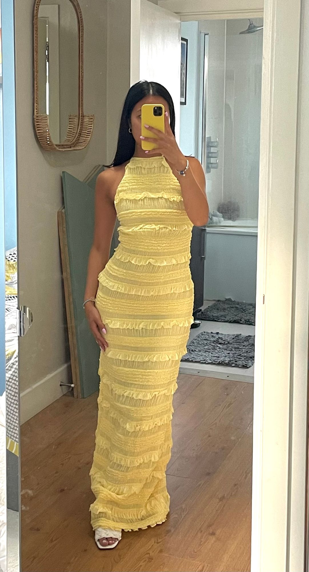 Tove Ruffled Backless Halterneck Maxi Dress in Lemon Yellow | Oh Polly