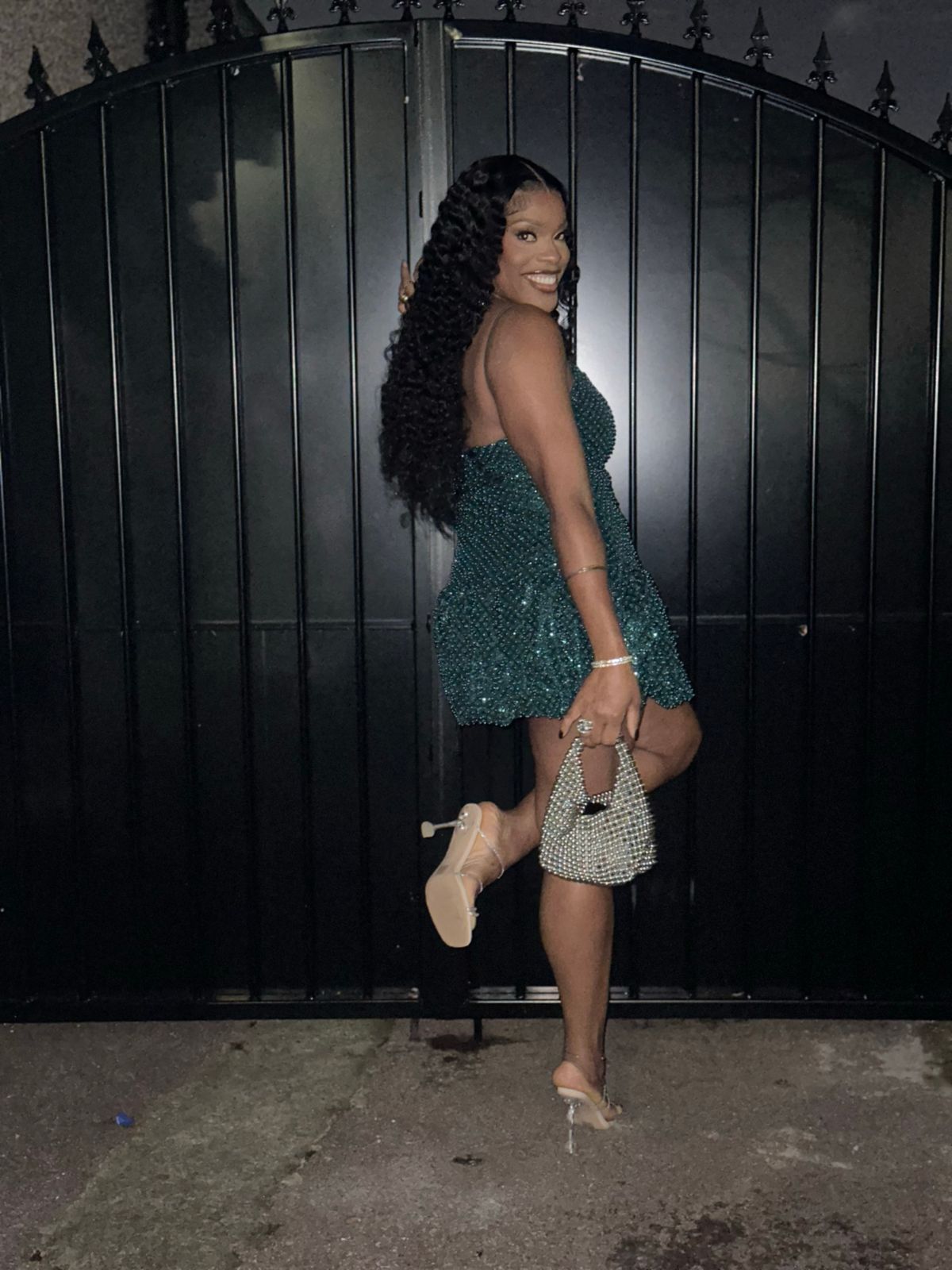 green emerald velvet dress Svana V Neck Embellished A-Line Mini Dress in Silver main image 0