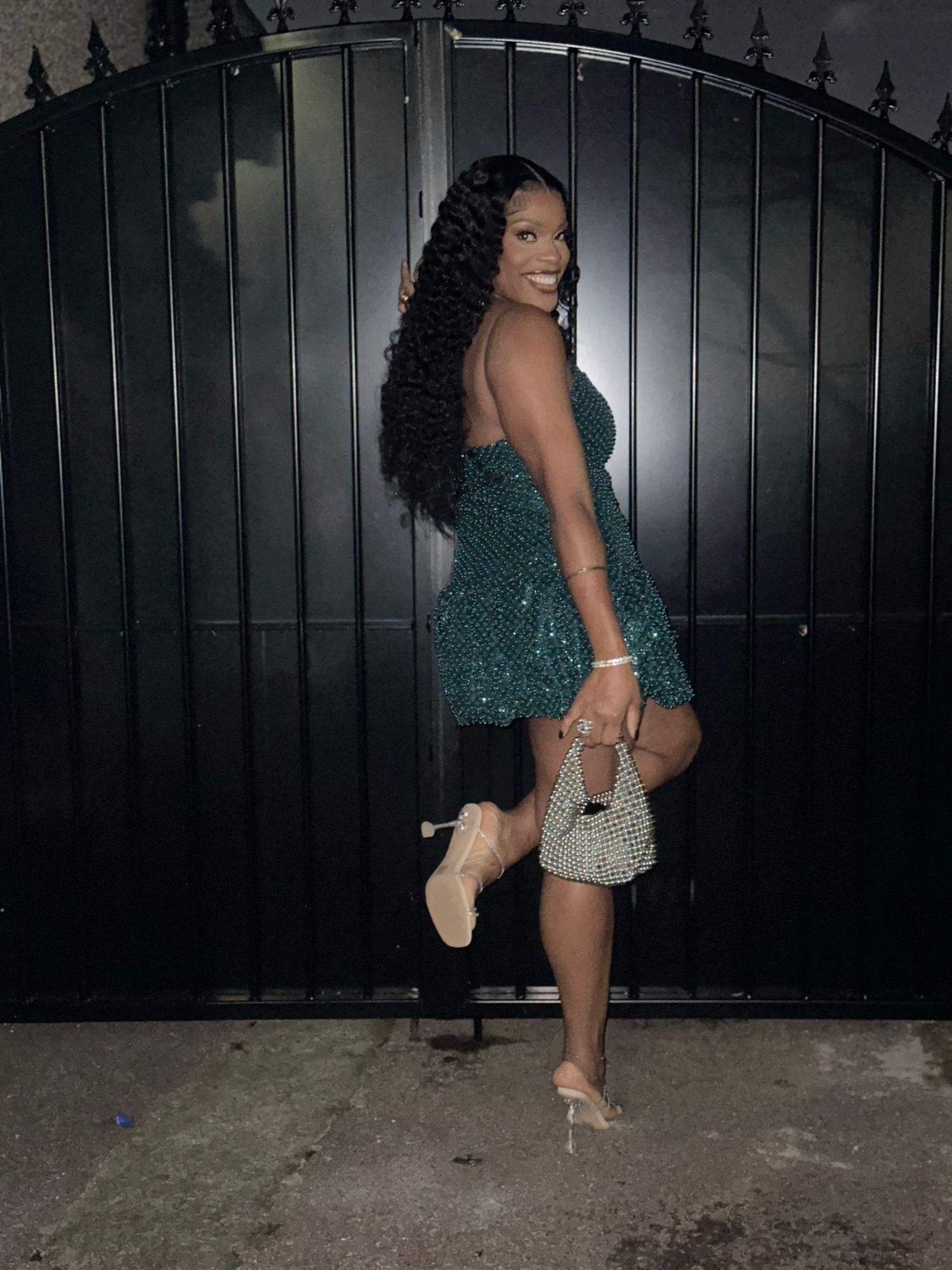 Callie Embellished Bubble Hem Mini Dress in Teal Green | Oh Polly