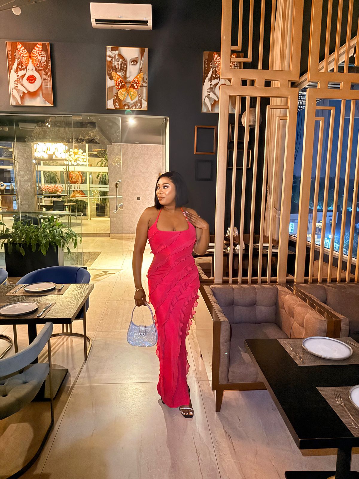 cross strap ruffle floor length dress Gigi