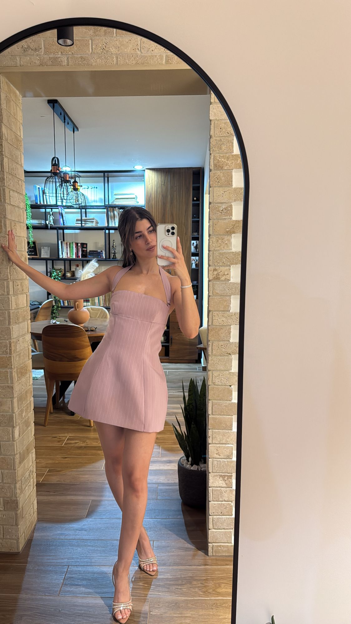 Odessa Pinstripe Halterneck Structured A-Line Mini Dress in Mauve | Oh Polly
