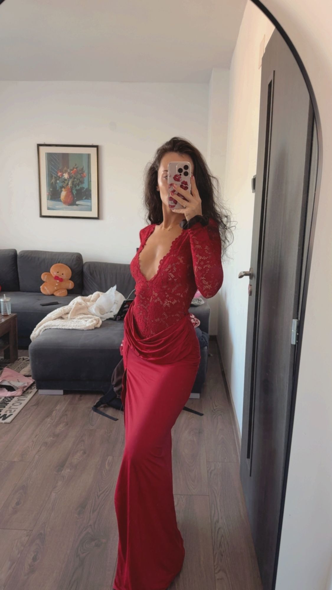 open lace back dress Deep V-Neck Red Prom Party GownsFloral Lace Appliques Split Front Party Dress main image 0