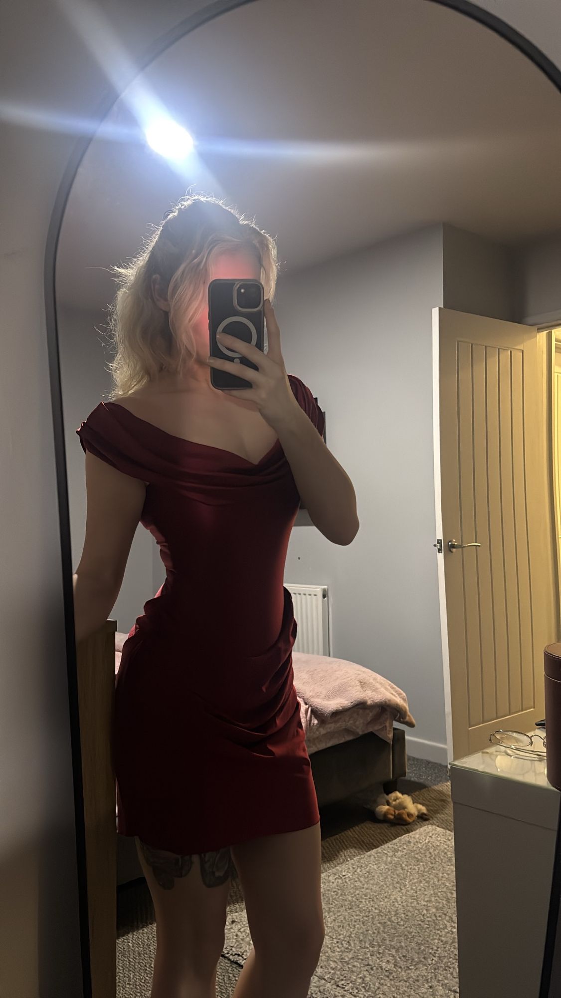 Maeve Off-Shoulder Draped Mini Dress in Wine Red | Oh Polly