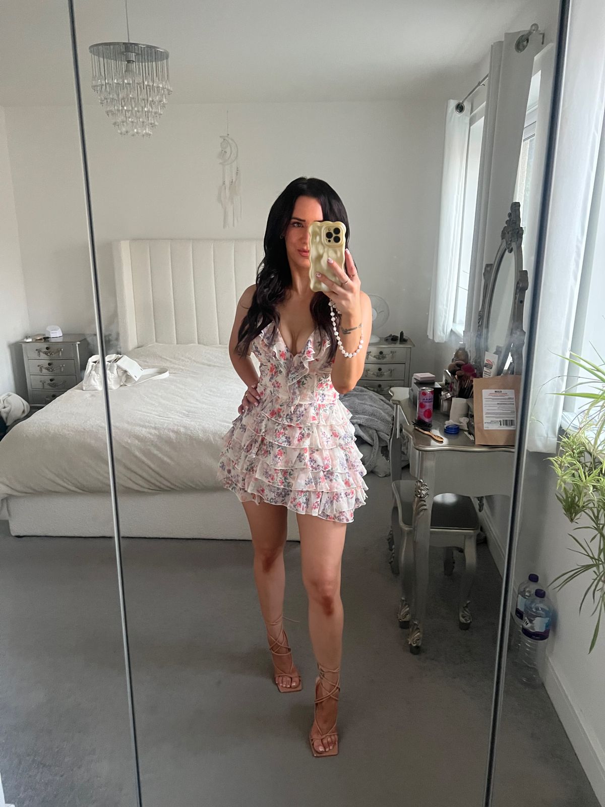 Lolina Ruffled Lace-Up A-Line Mini Dress in Primrose Floral Print | Oh Polly