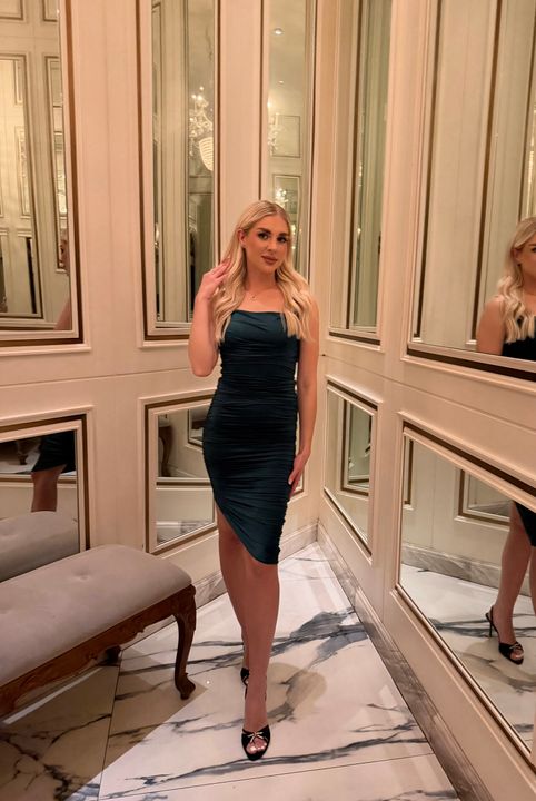 You're My Type Cowl Neck Ruched Bodycon Midi Dress in Green | Oh Polly