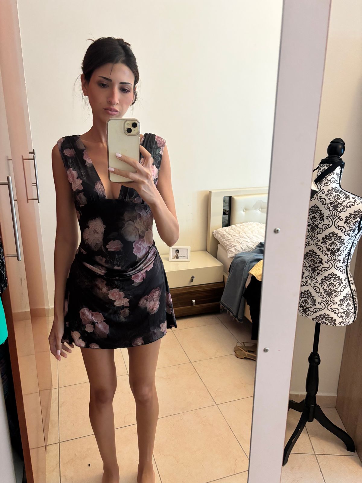 Embelia Draped Open-Back A-Line Mini Dress in Black Floral Print | Oh Polly