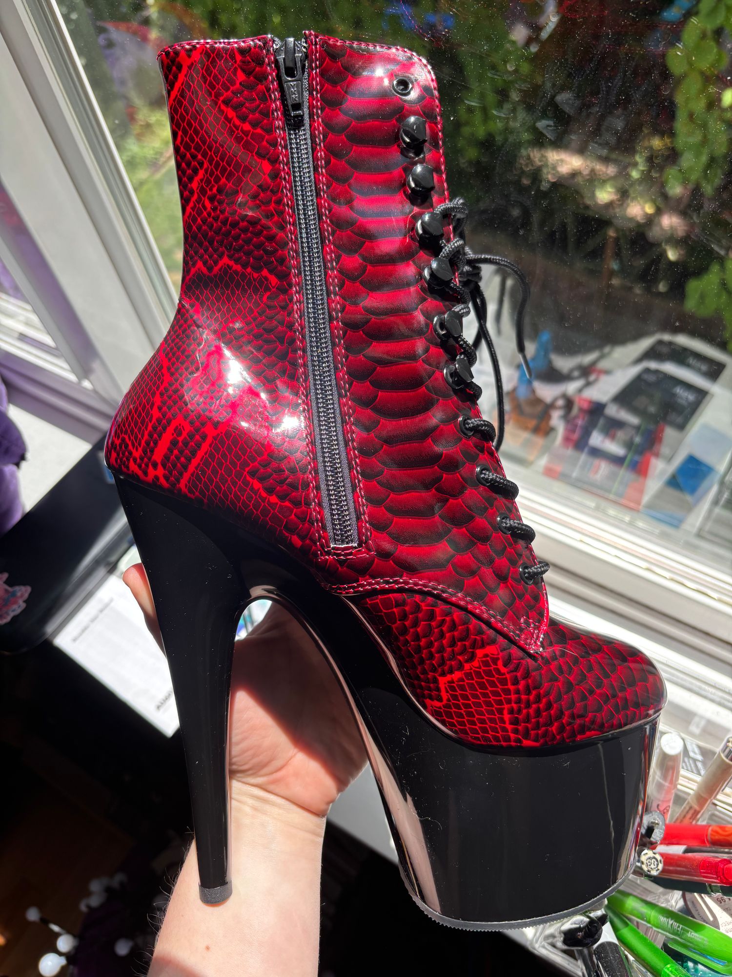 Pleaser Adore Red Snake Print Booties Pleaser ADORE-1040SPF, Snake