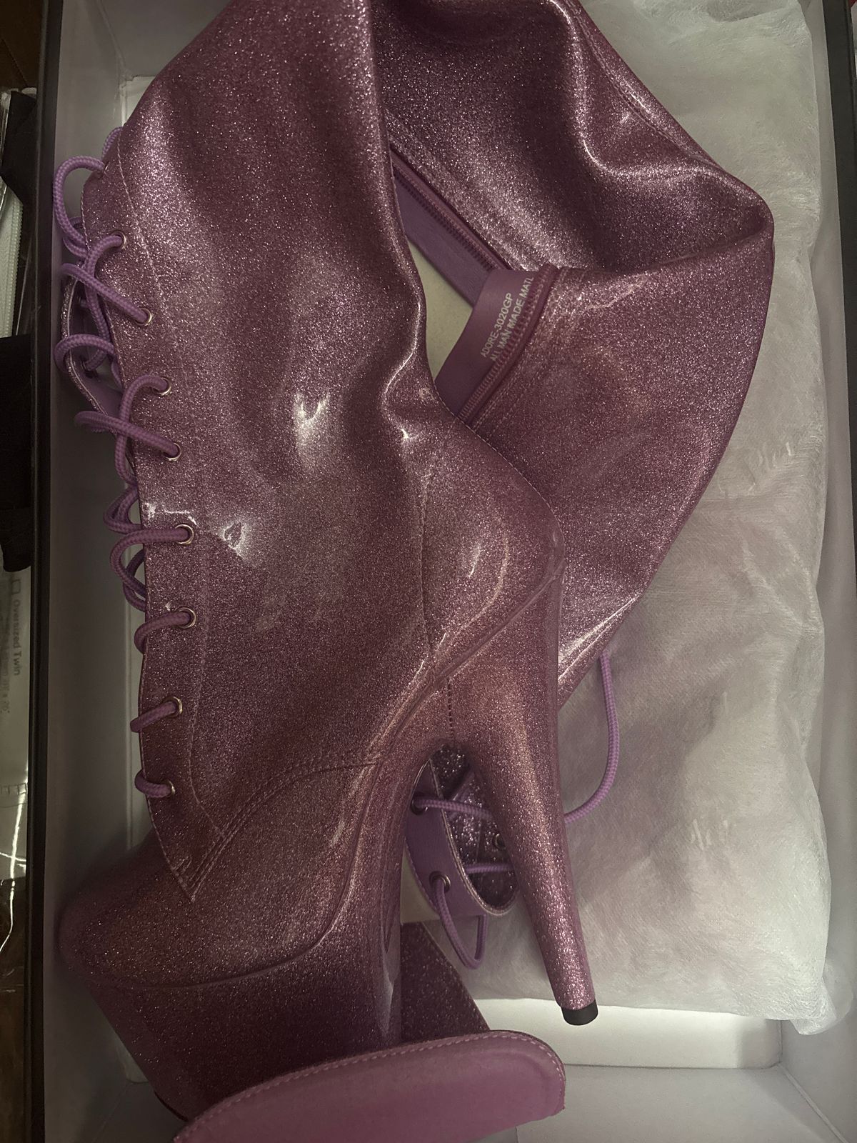 Pleaser Shoes USA Thigh High Pink Sparkle Boots with 8” Heel, Lace-Up Front 8 Inch Heel Pleaser FLAMINGO-1051 Hot Pink Patent Stripper  main image 2