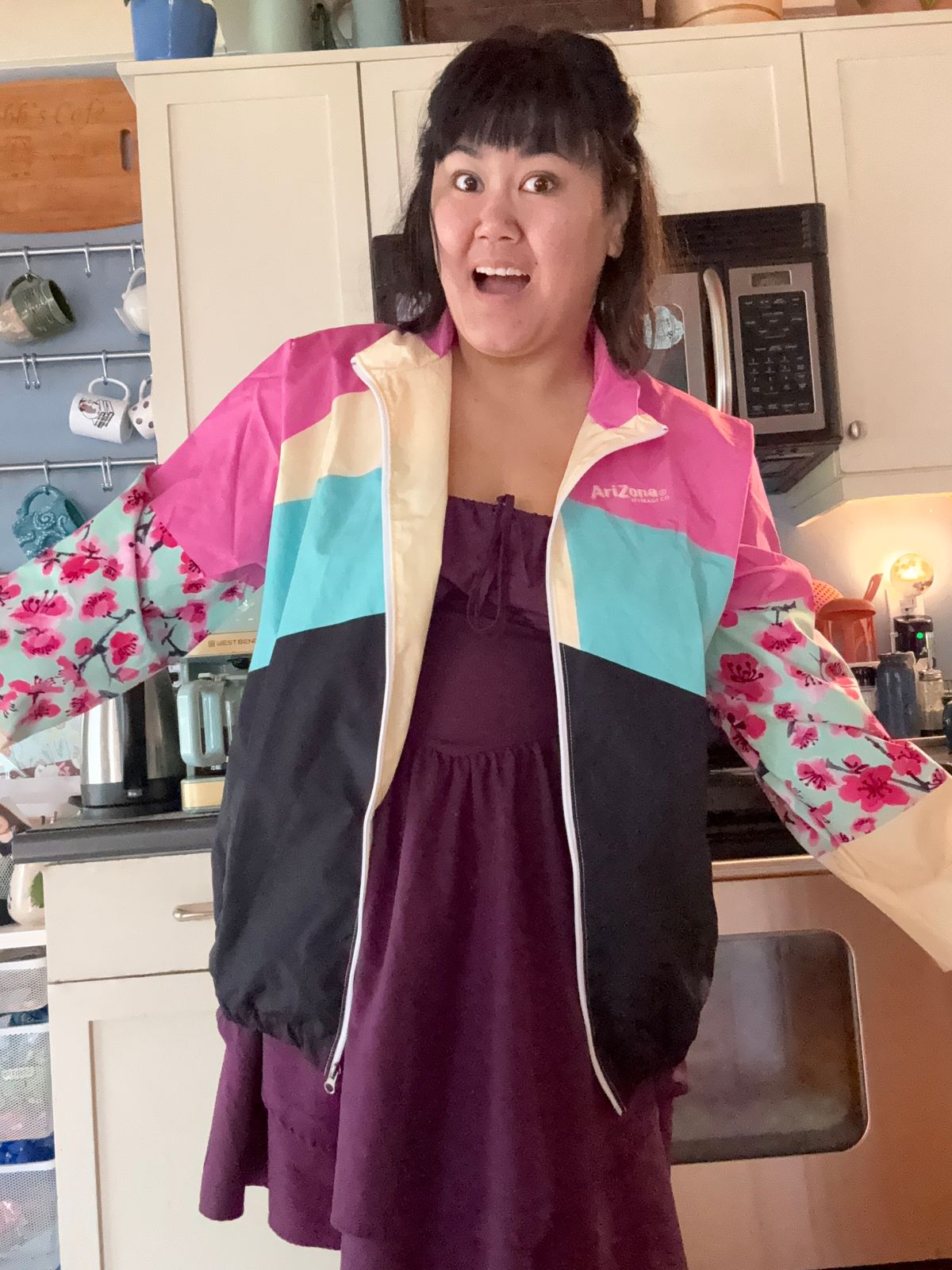 Pink & Black Cherry Blossom Color-Blocked Windbreaker Jacket 
