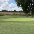 A golf course green with a flagstick marking the hole, surrounded by manicured grass, large trees on the right, and agricultural fields in the background under a partly cloudy sky.