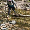 Person hiking across a rocky stream in a forest using trekking poles for balance