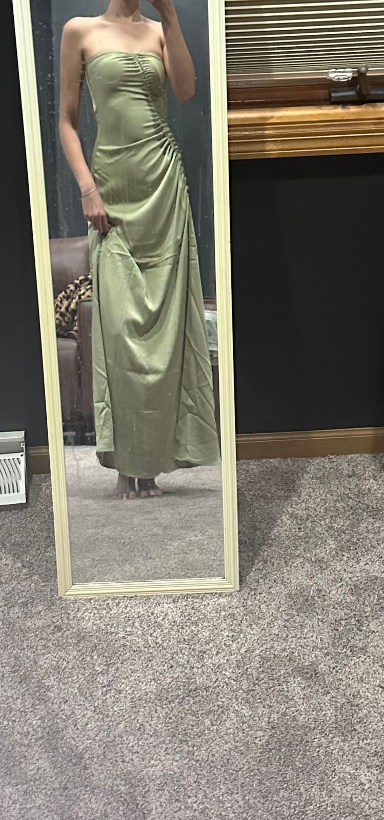aesthetic green prom dress Zapaka Women Sage Bridesmaid Dress with Slit Strapless Mermaid Satin Floor Length Wedding Party Dress, Satin color / US10