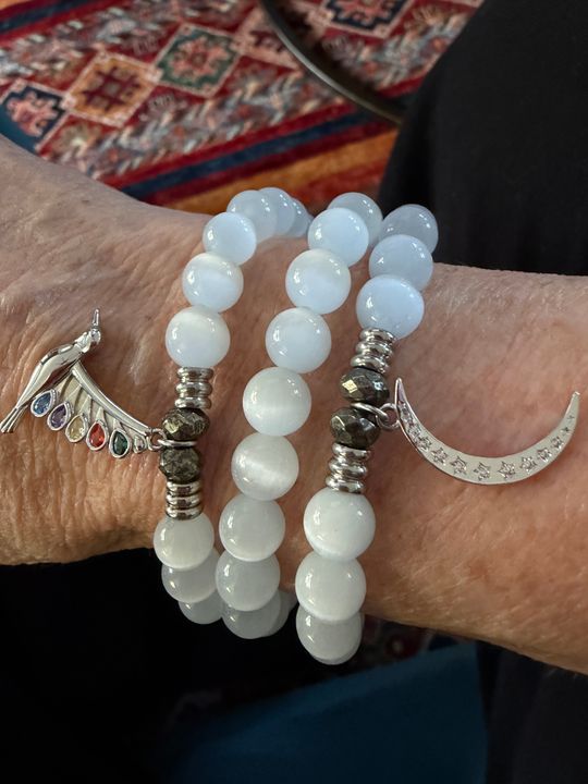 White Cats Eye Gemstone Bracelet with Friendship Moon Sterling