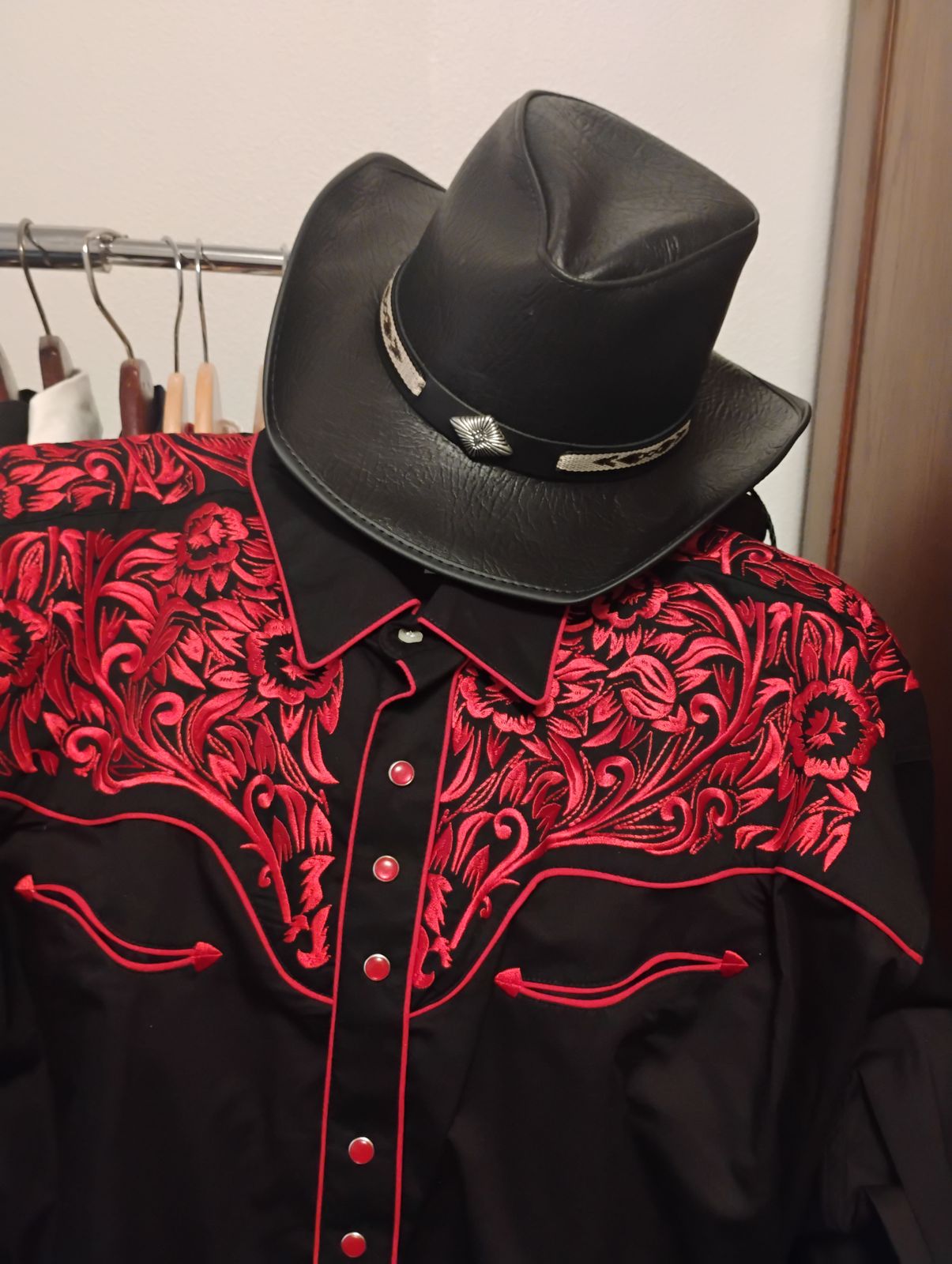 Red Faux Leather Cowboy Hat with Embossed Bull Logo & Black‎ Stitching Promotional Logo Faux Brown Leather Cowboy Hat main image 4