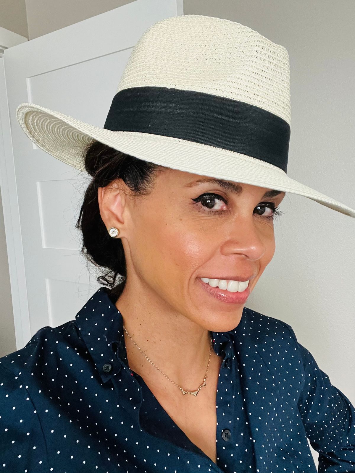 Classic Black Straw Fedora with White Band - Women’s Hat Striped Band Fedora Sun Hat – Panama Jack® main image 3