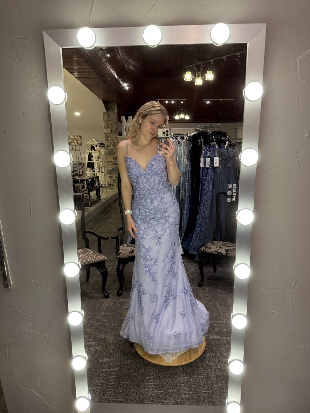 Peri Lace Long Dress With V Neck And Lace Up Open Back | Faviana