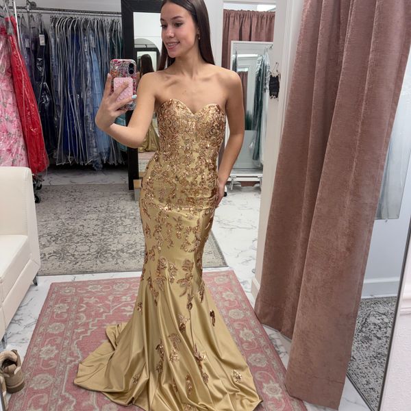 Gold Strapless Mermaid Satin Dress With Sequin Appliqu | 11271