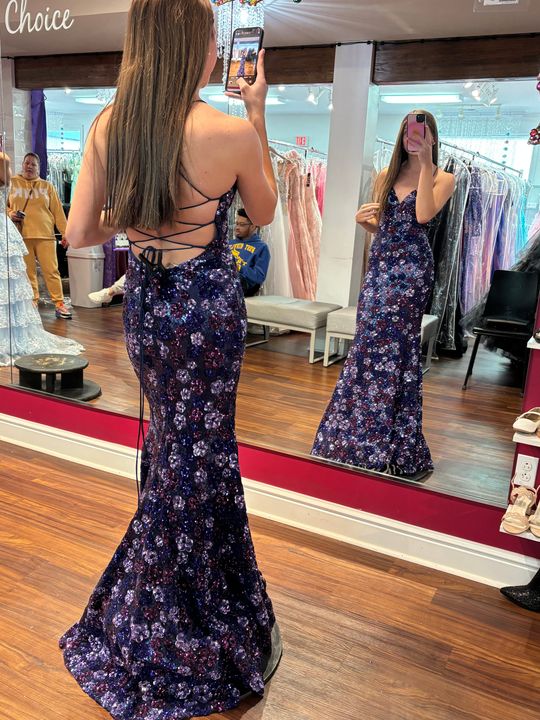 Purple Navy Sequin Prom Dress With Floral Aesthetic Design | 11000