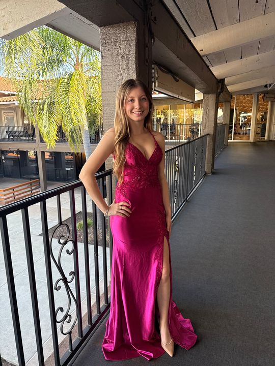 Raspberry Sleek Satin V-Neck Dress For Prom With Beading And Lace-Up B