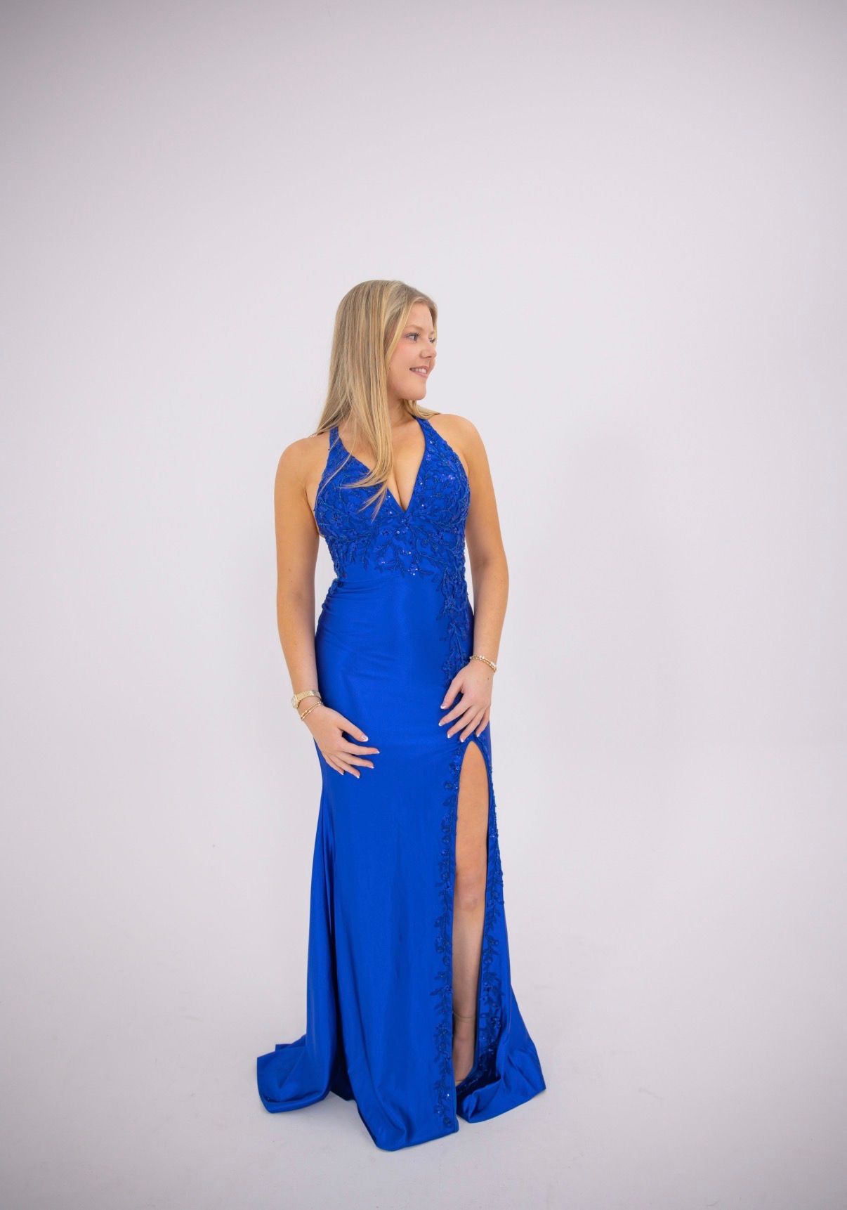 Halter Satin Gown With Asymmetrical Beaded Appliqu | 11405