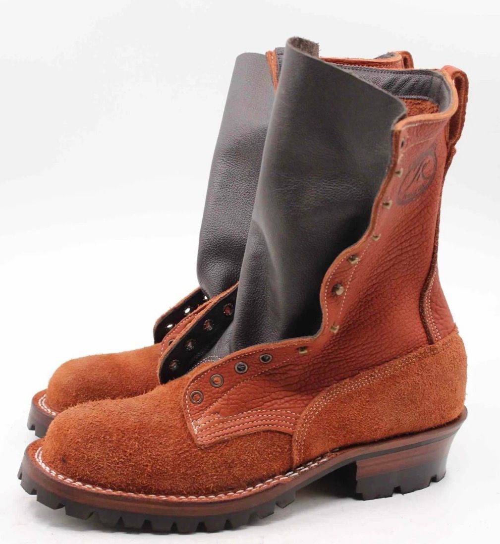 Brown leather work boot with black upper portion and lug sole