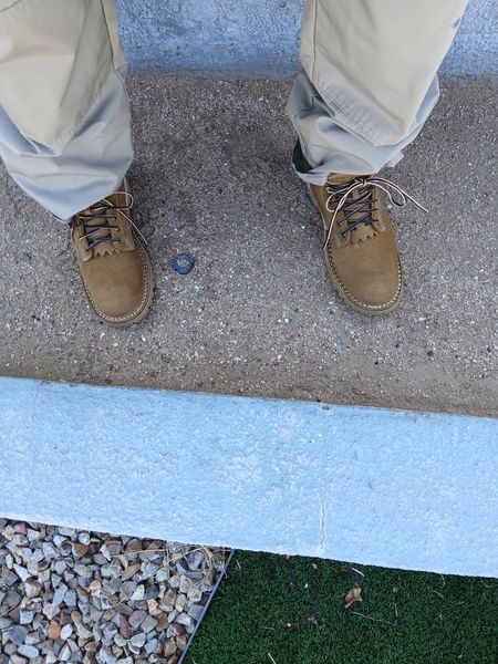 Person wearing brown lace-up shoes and light colored pants standing on concrete pavement with blue painted curb and landscaping visible below
