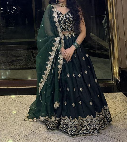 Dark Green Embroidered Lehenga