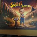 Movie poster for "The Sneeze of Destiny" starring Levi, featuring an animated young boy in blue clothing standing next to a cartoon dog in a fantasy landscape with mountains and trees