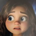 Animated character with large blue eyes and brown hair looking surprised or concerned
