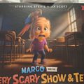 Book cover showing an animated young girl with blonde hair and a colorful parrot in a classroom setting, titled "Marco and the Very Scary Show & Tell" starring Stevie Nixx Scott