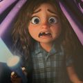 Animated character with long brown hair and wide eyes holding a flashlight, appearing startled or surprised