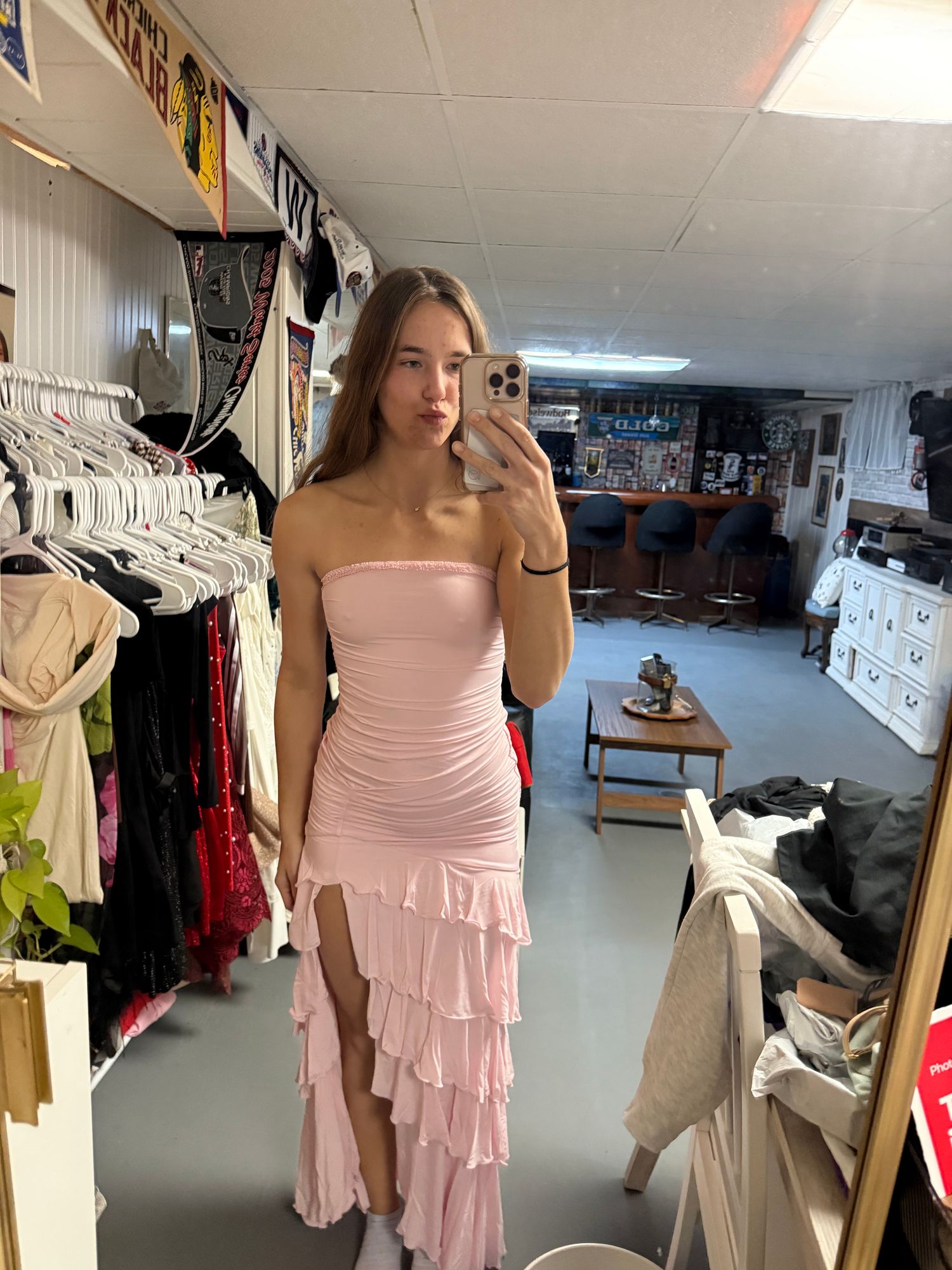 nevali bandeau ruffle detail maxi dress in brown Bandeau Ruffle Detail Maxi Dress in Red - 6 main image 0