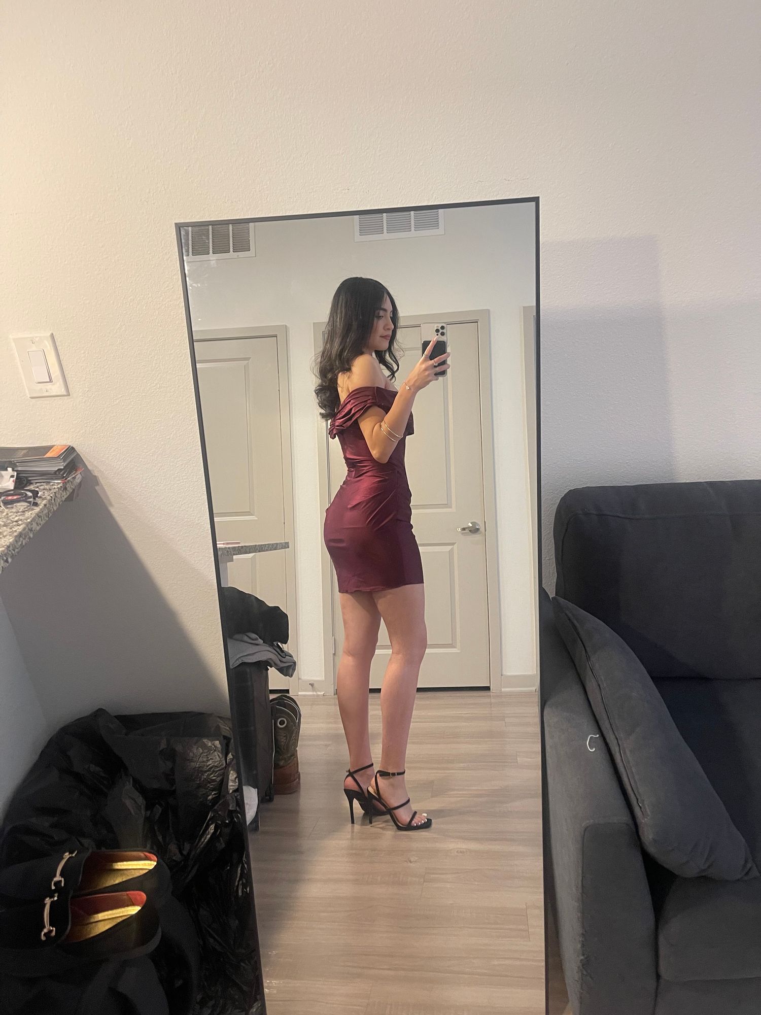maeve off shoulder draped mini dress in true red Satin Off-Shoulder Draped Mini Dress in Raspberry - 8