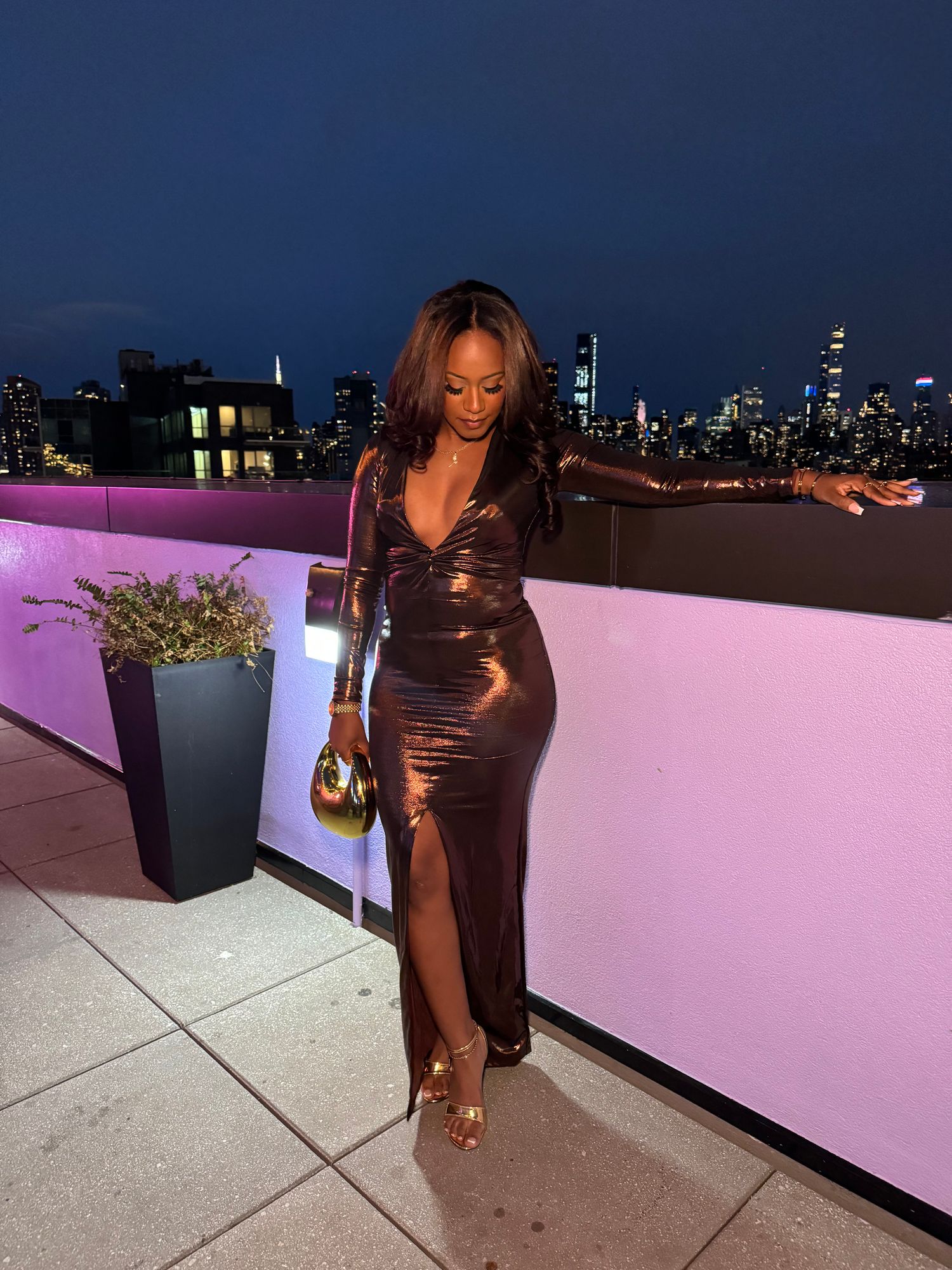 Safiya Long Sleeve Plunge Neck Metallic Jersey Evening Gown in Copper Bronze  | Oh Polly