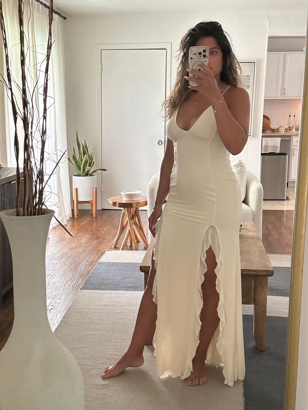 Ruched Ruffle-Trim Maxi Dress in Ivory | Oh Polly