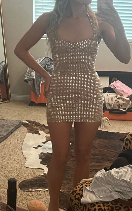 embellished halterneck mini dress in honey Amolika Embellished Halterneck Mini Dress in Honey