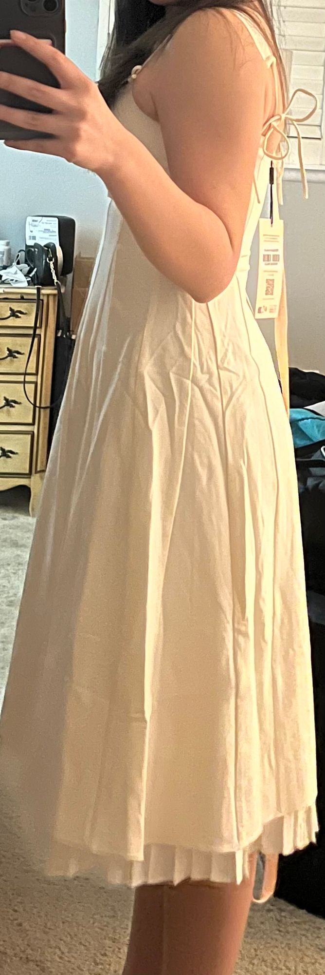 Isadora Bow-Detail Pleated A-Line Midi Dress in Ivory | Oh Polly