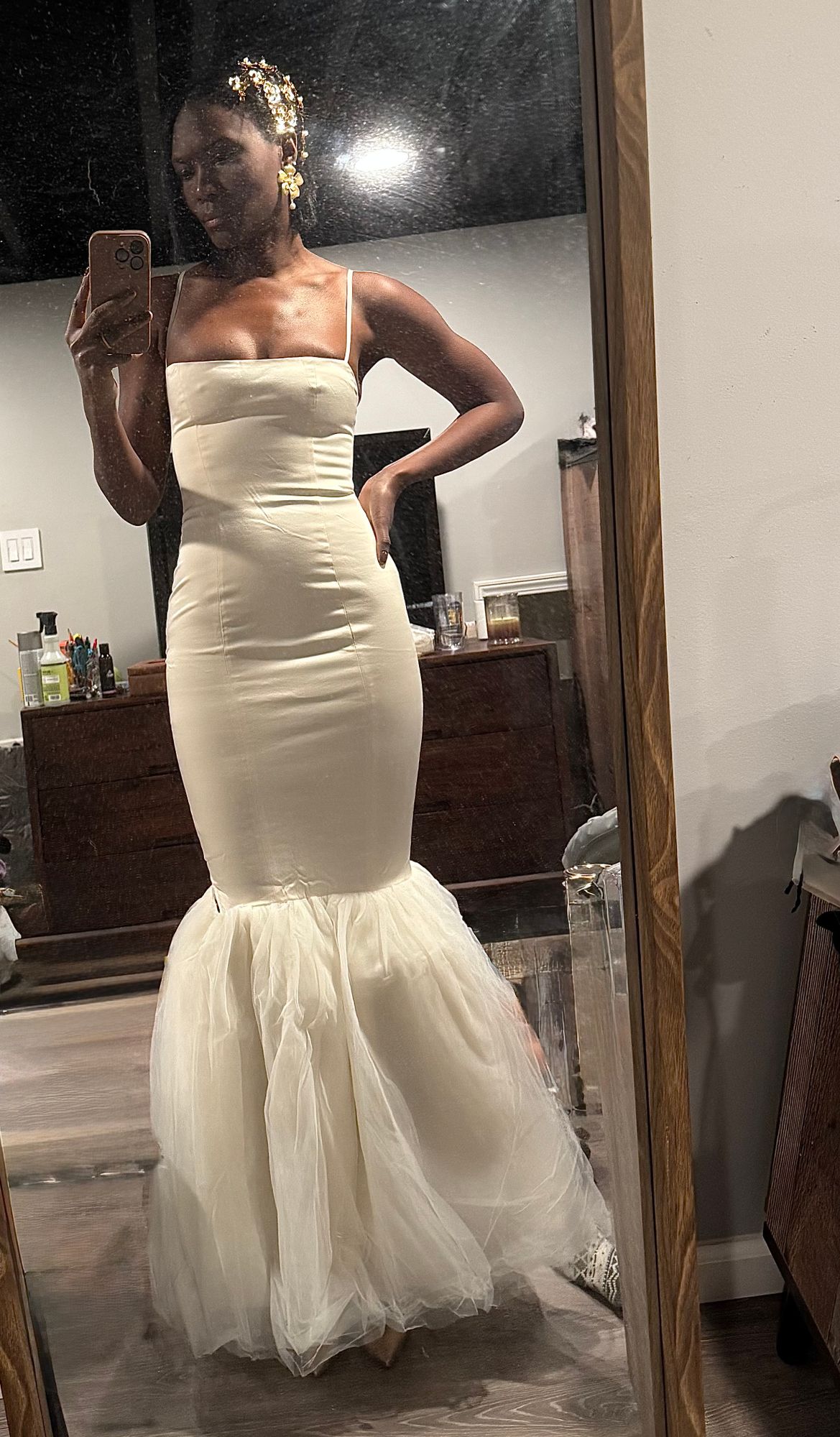 Adelpha Tulle Hem Fishtail Gown in Ivory | Oh Polly