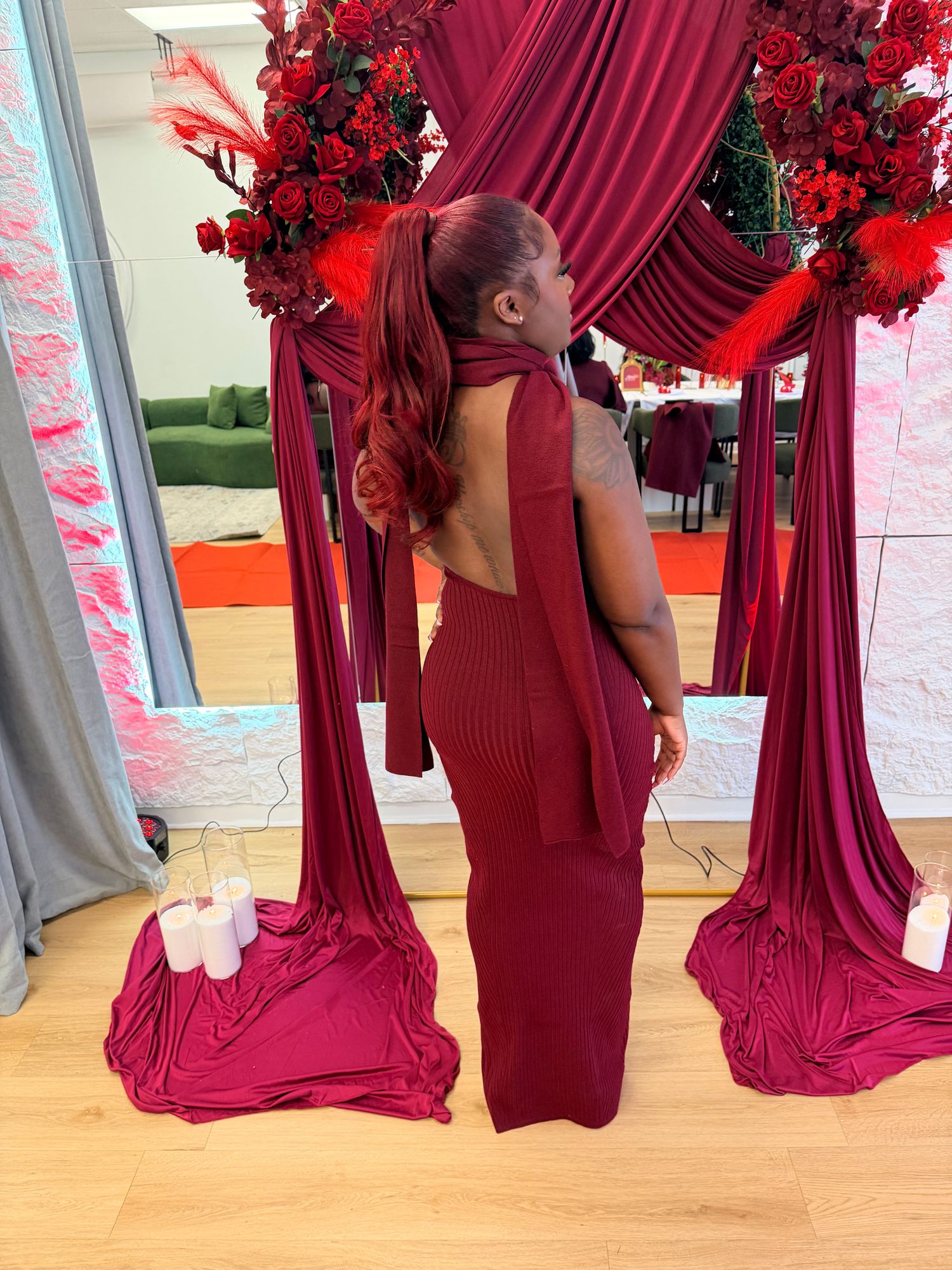 Dree Scarf-Detail Turtleneck Backless Maxi Dress in Wine | Oh Polly